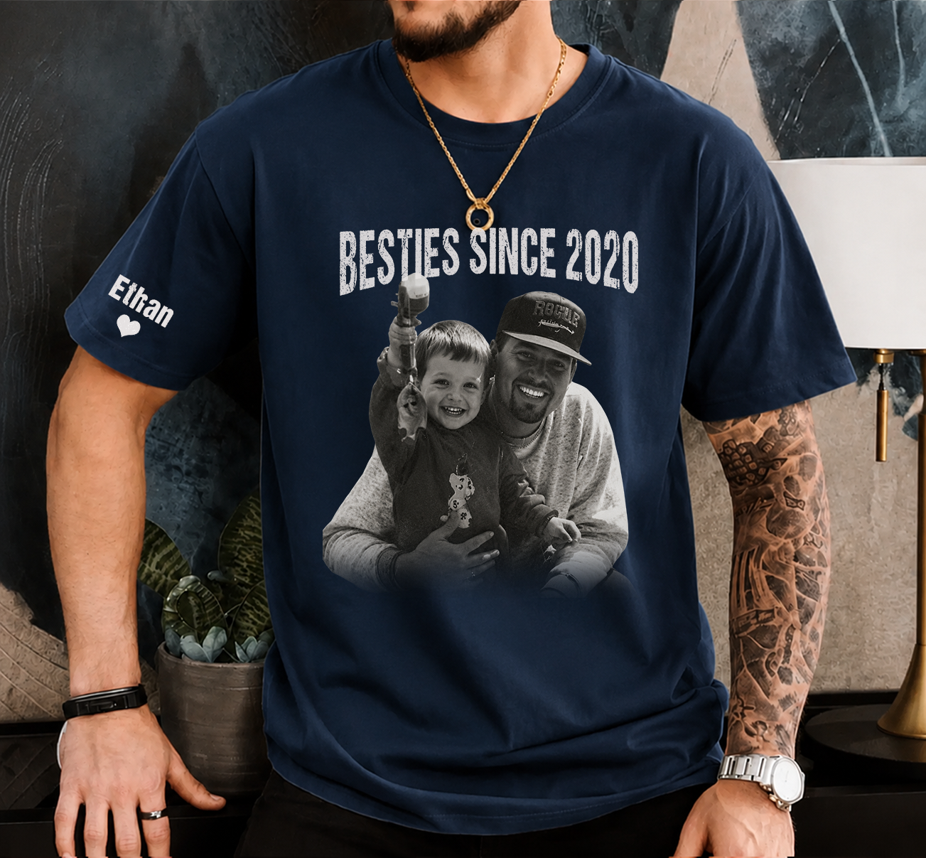 Personalized Besties Since Shirt with Custom Photo and Name on Sleeve Gift for Father’s Day