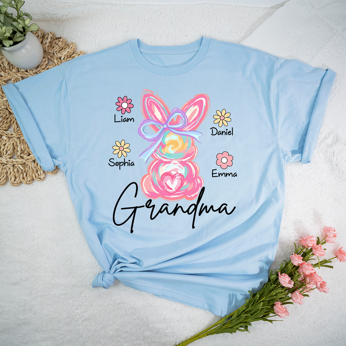 Custom Grandma T Shirt Bunny Design, Personalized Floral Shirt With Children Names