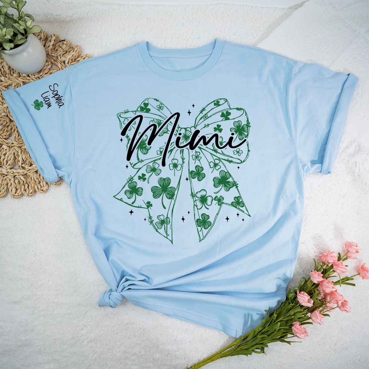 Mimi Clover Shirt Personalized with Grandkids Names, St Patrick’s Day Grandma Gift, Shamrock Bow Family T-Shirt