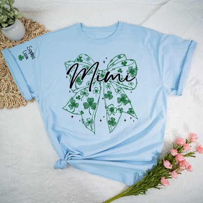 Mimi Clover Shirt Personalized with Grandkids Names, St Patrick’s Day Grandma Gift, Shamrock Bow Family T-Shirt