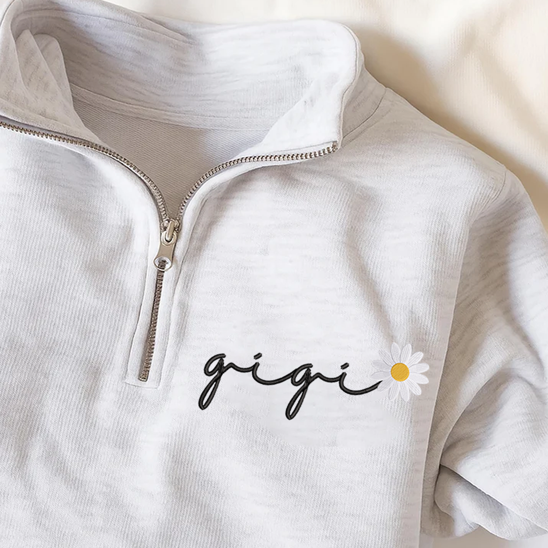 Custom Embroidered Gigi daisy flower Sweatshirt And Grandkids Quarter Zip Sweater