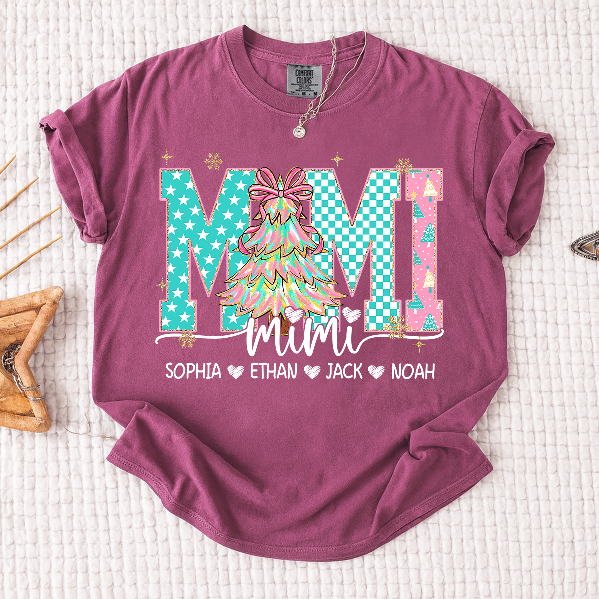 Comfort Colors® Personalized Mimi Christmas Shirt, Custom Holiday Tree Shirt with Kids Names