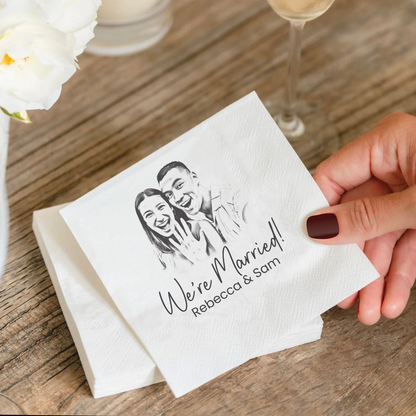 Personalized Sketched Wedding  Napkins, Elegant Gifts for Couple, Engagement Party, Custom Paper Beverage, Engagement