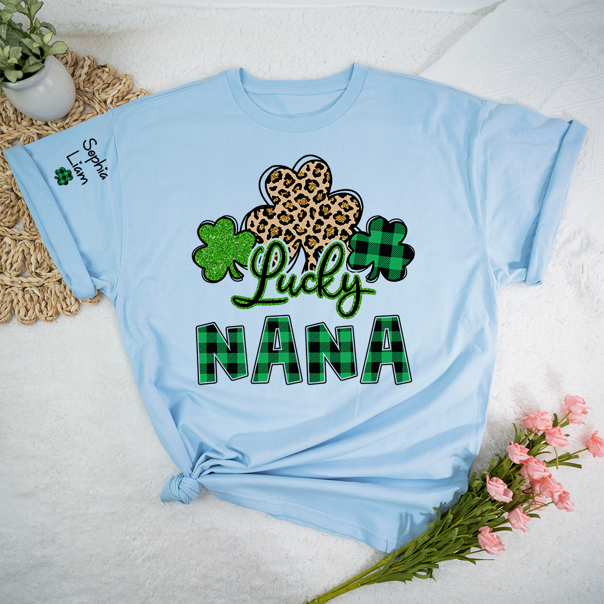 Personalized Lucky Nana T Shirt with Shamrock Pattern, St Patricks Day Grandma Shirt, Custom Name Nana Tee, Cute Irish Clover Design for Family Wear