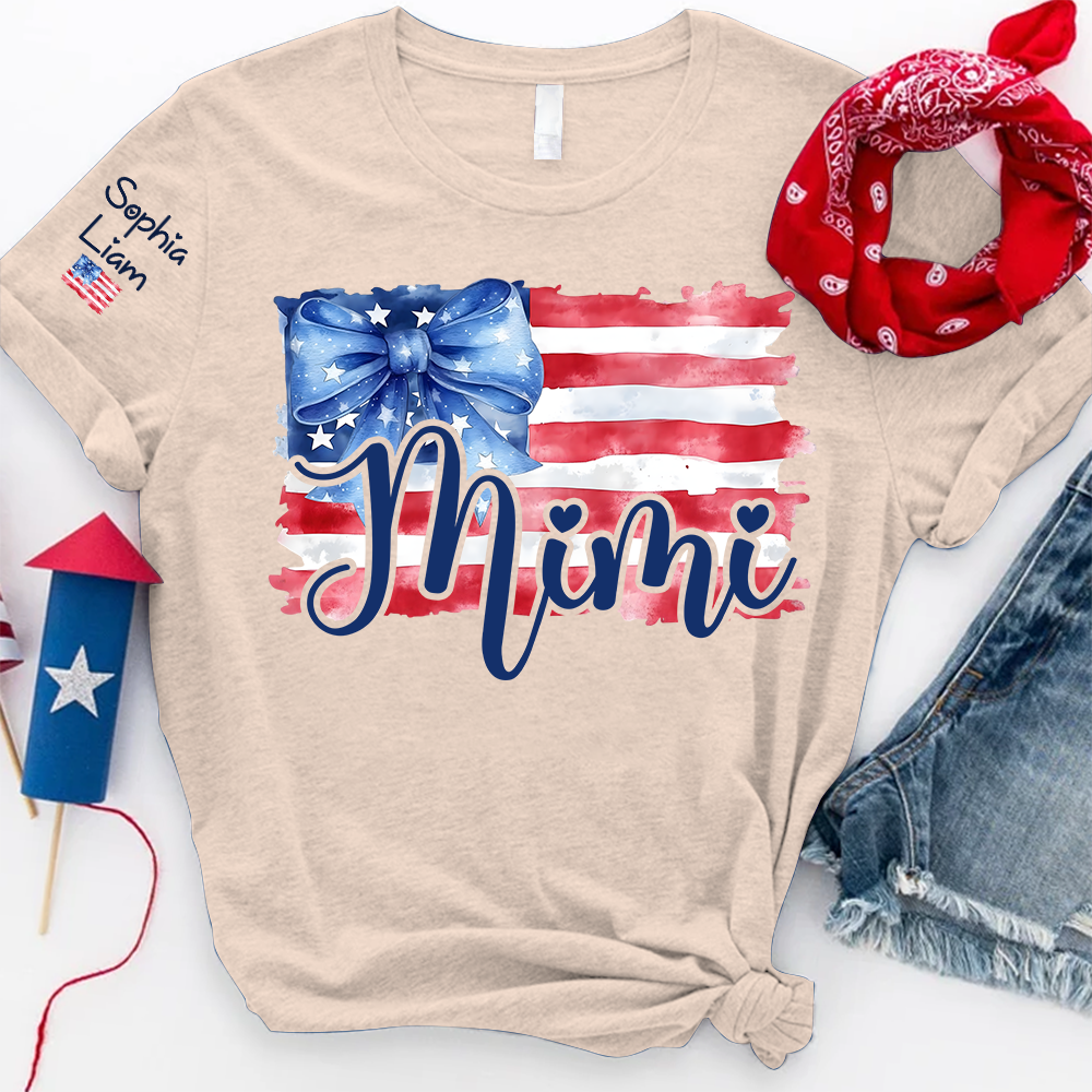 Personalized Mimi American Flag T Shirt with Blue Bow, Custom Mom Gift for Independence Day