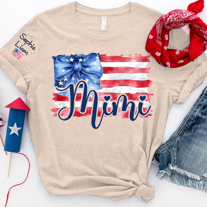 Personalized Mimi American Flag T Shirt with Blue Bow, Custom Mom Gift for Independence Day