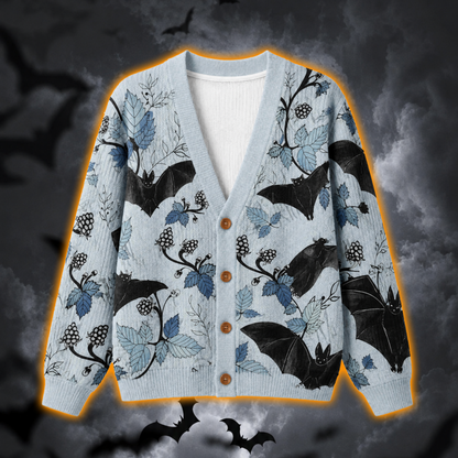 Black Bat Botanical Halloween Cardigan, Gothic Vine Knitted Sweater, Spooky Nature All Over Print Cardigan, Witchy Fall Outfit