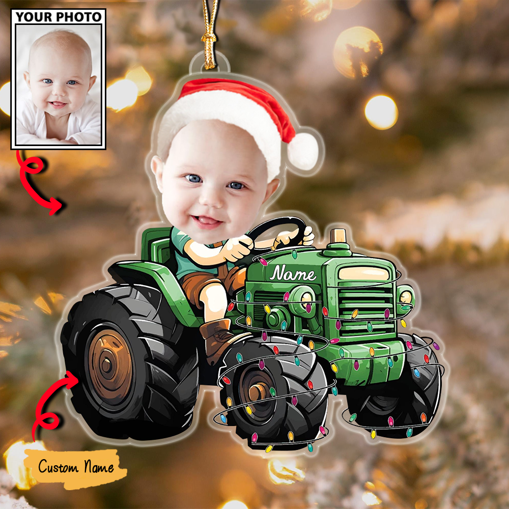 Baby Christmas Ornament, Custom Photo and Name Tractor Holiday Decoration