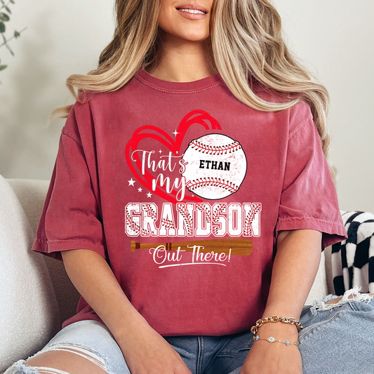 That’s My Grandson Out There Baseball Shirt, Personalized Sports Family T Shirt with Custom Name