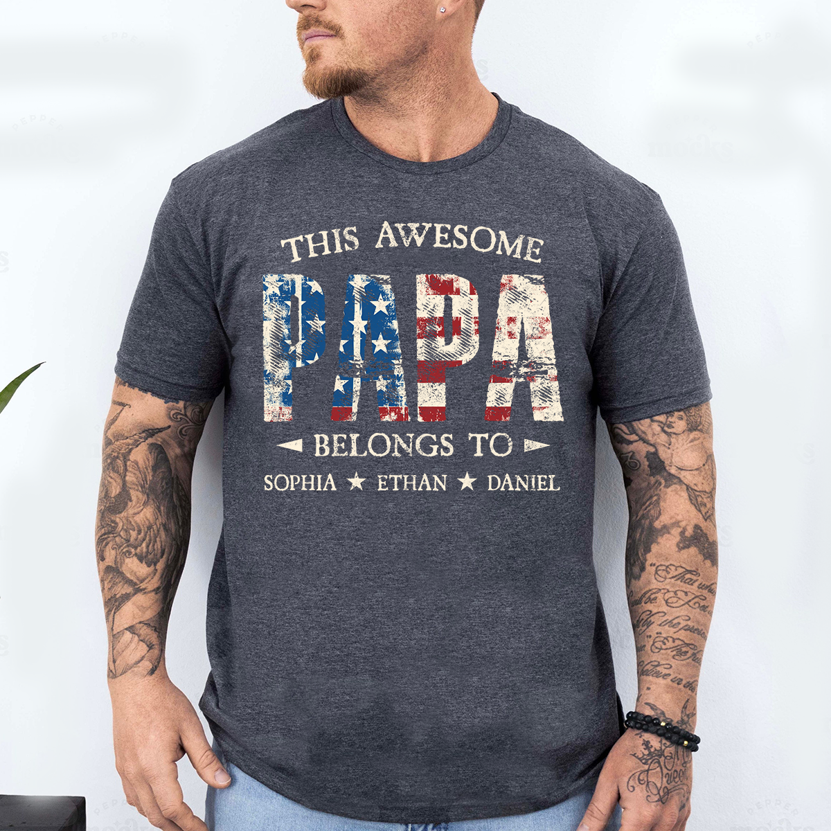 Custom This Awesome PAPA T Shirt, Personalized with Kids Names, Unique American Flag Design for Father's Day