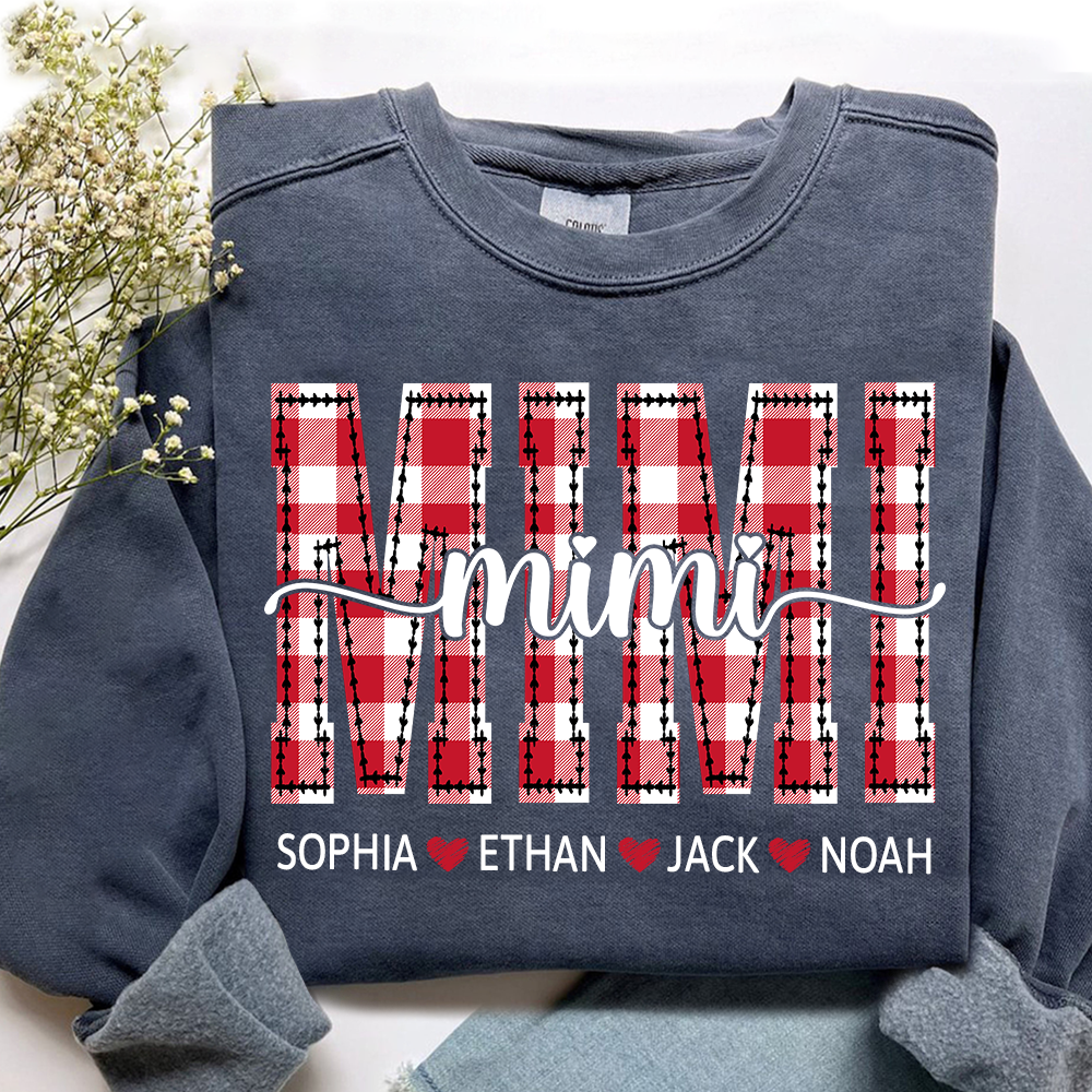 Personalized Gigi Grandma Sweatshirt, Plaid Holiday Shirt with Grandchildren Names