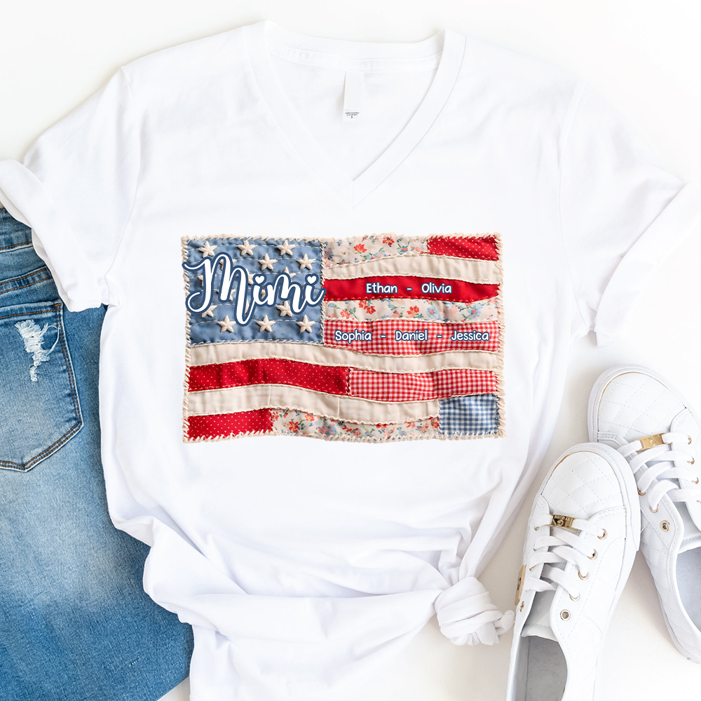Custom Mimi Shirt for Grandmother Personalized with Kids' Names, American Flag Patchwork Design V-Neck