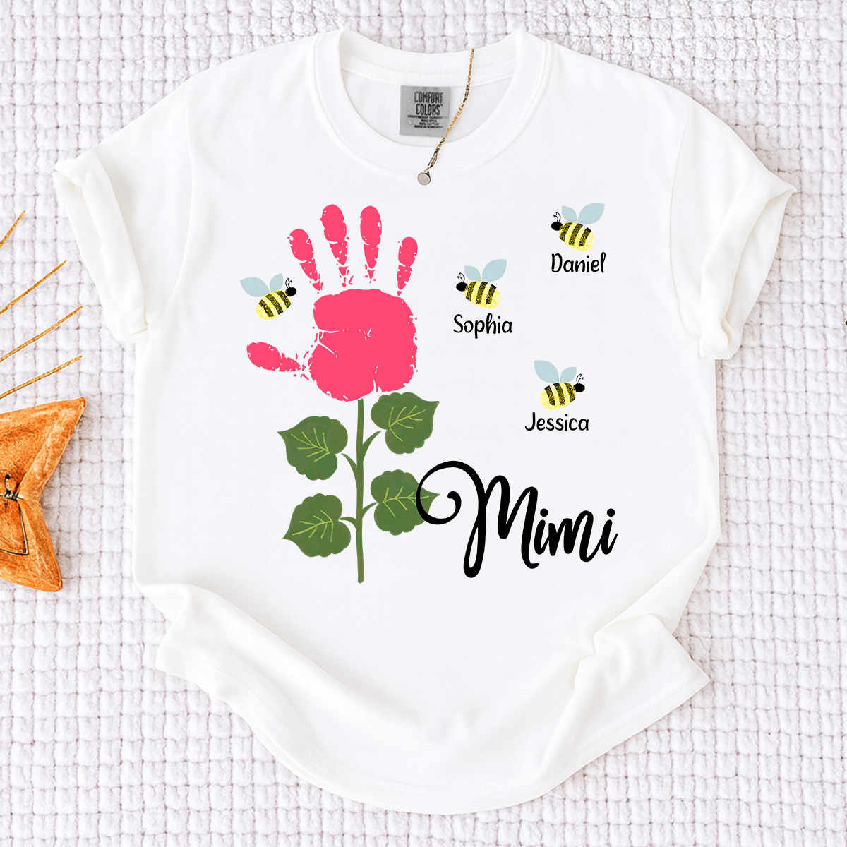 Comfort Colors Personalized Mimi Shirt, Custom Family Names with Handprint Flower Design and Bees, Perfect Gift for Mimi