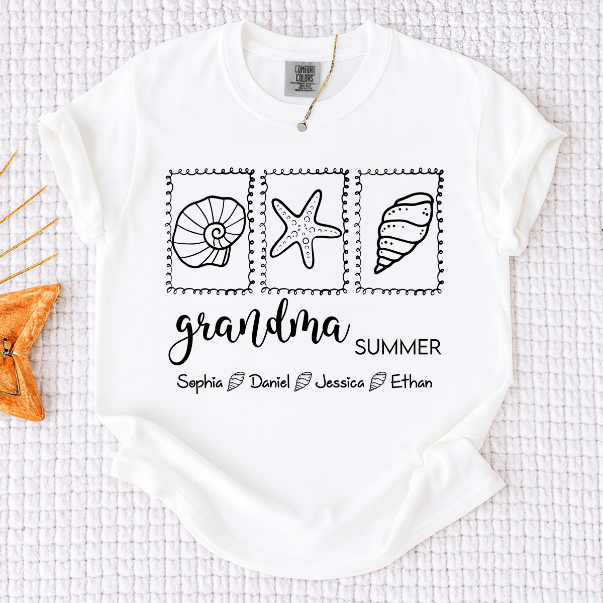 Comfort Colors Personalized Grandma Summer Shirt, Custom Grandkids Names Beach T-Shirt, Seashell Starfish Ocean Vacation Gift for Grandma