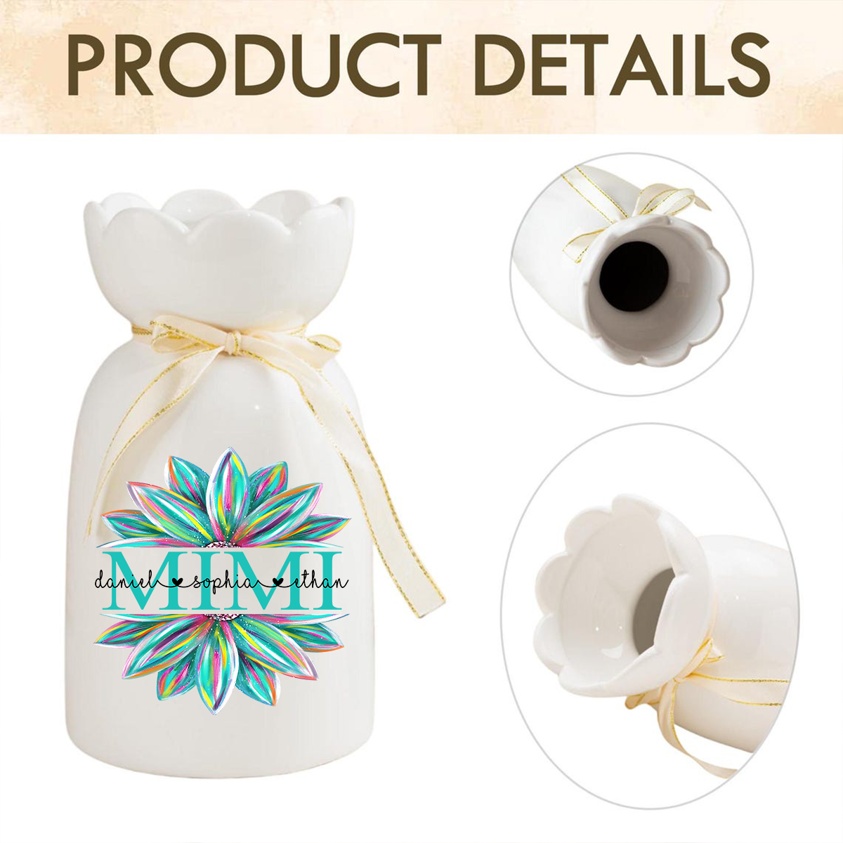 Custom Mimi Flower Vase, Personalized Floral Heart Design with Grandkids' Names, Ideal Gift for Mimi, Mother's Day, Birthday
