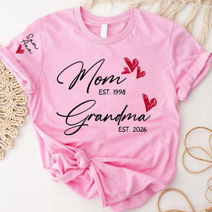 Personalized Mom and Grandma T-Shirt, Custom EST Year T-Shirt with Heart and Arrow Design for Mom and Grandma
