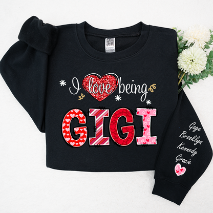 I Love Being Gigi Heart With Grandkids Names On Sleeve Sweatshirt, Personalized Mother's Day Gift