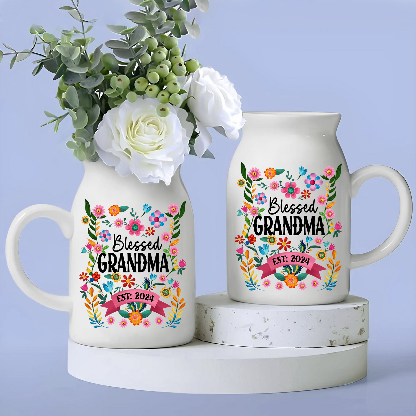 Blessed Grandma Est And Kids - Custom Home Decoration Flower Vase According To Family Requirements - Warm Gift For Mother's Day, Ceramic Flower Vase