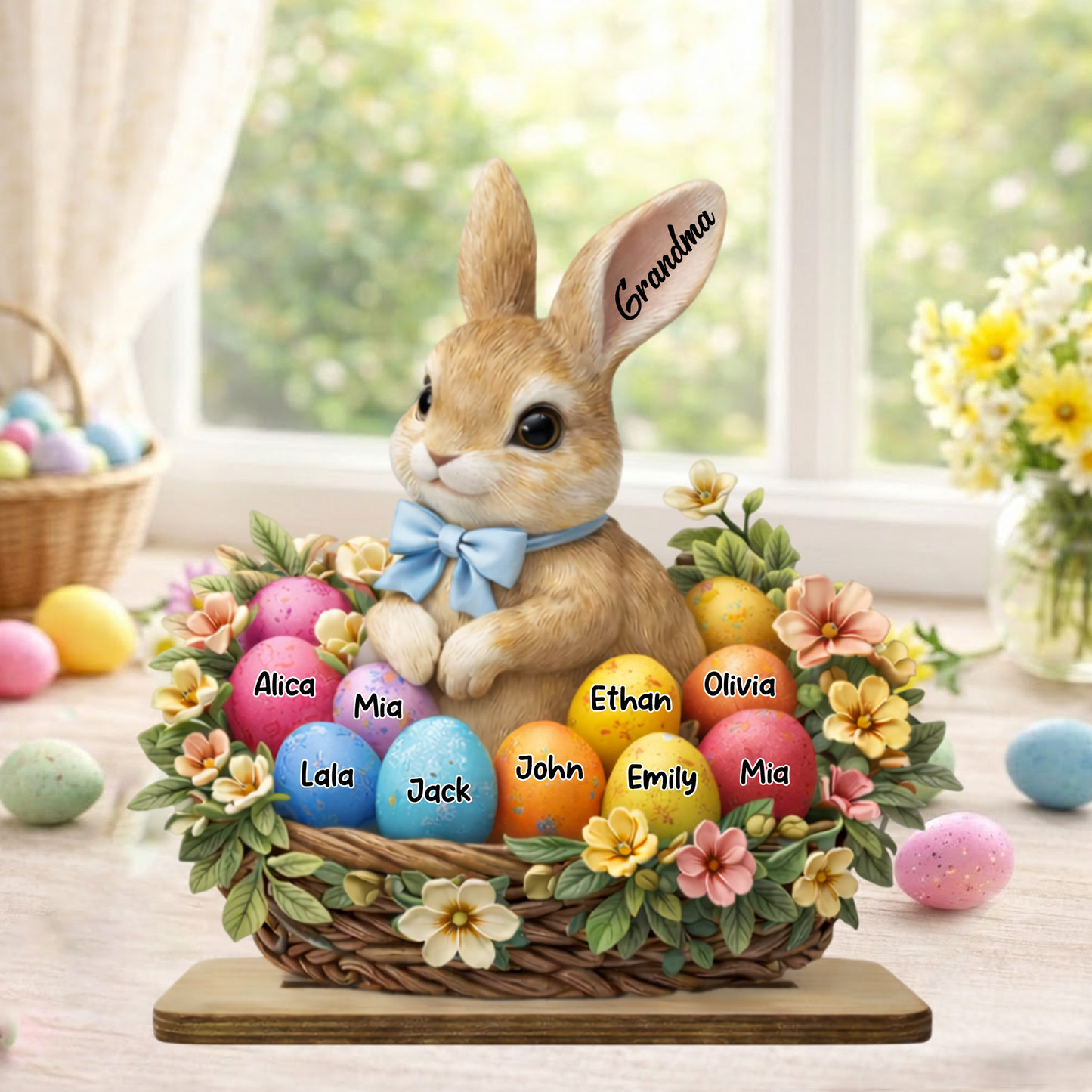 Personalized Easter Bunny Basket Wooden Plaque - Custom Grandkids' Names, "Grandma" Easter Decor with Floral and Egg Design