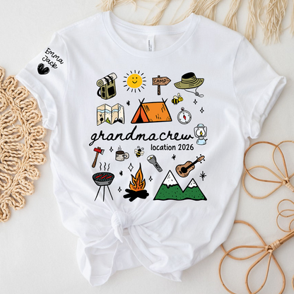 Custom Grandma Crew Camping T Shirt, Personalized Family Names Sleeve Design, Outdoor Adventure Tee for Grandma, Camp Lover Gift