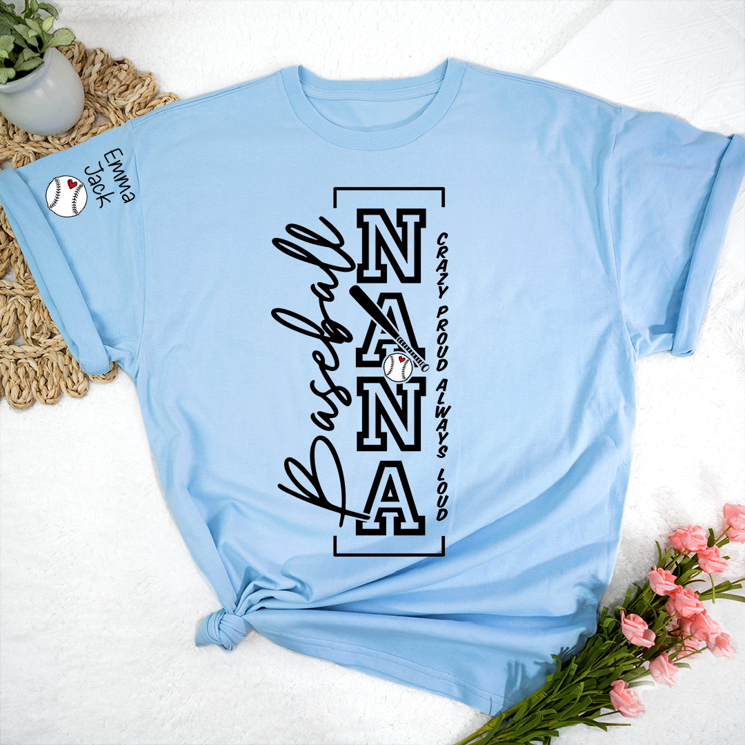 Baseball Nana T-Shirt, Custom Family Name Shirt with Modern Vertical Graphic