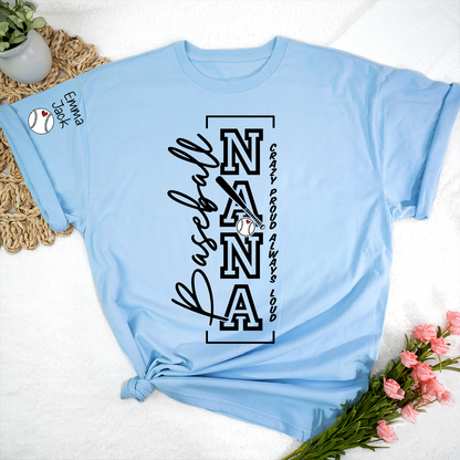 Baseball Nana T-Shirt, Custom Family Name Shirt with Modern Vertical Graphic