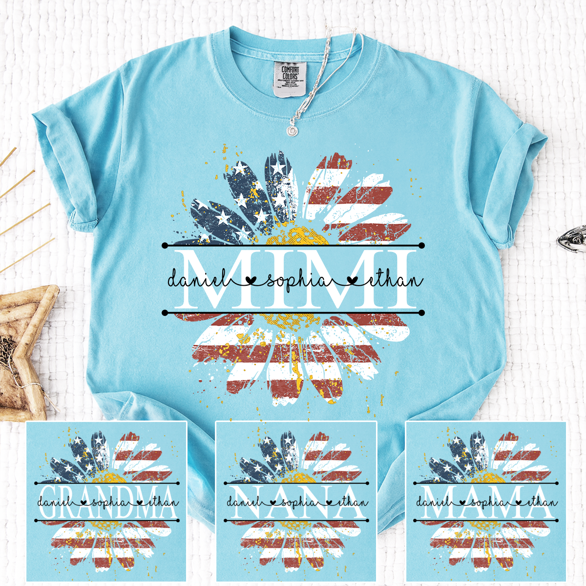 Comfort Mimi Daisy Shirt With American Flag Print, Custom Name, Floral Design, Personalized Family t-shirt