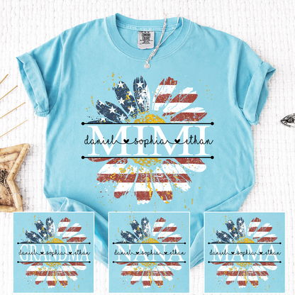 Comfort Mimi Daisy Shirt With American Flag Print, Custom Name, Floral Design, Personalized Family t-shirt
