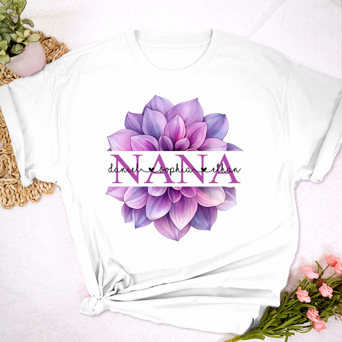 Custom Nana T Shirt with Beautiful Purple Flower, Personalized Grandma Gift with Grandkids Names