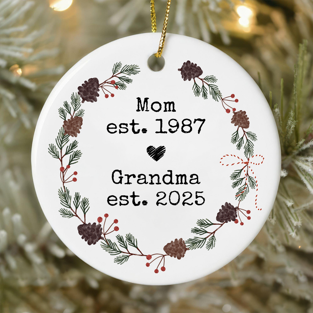 Personalized Mom And Grandma Ornament, Custom Established Year Christmas Wreath Decoration 2025
