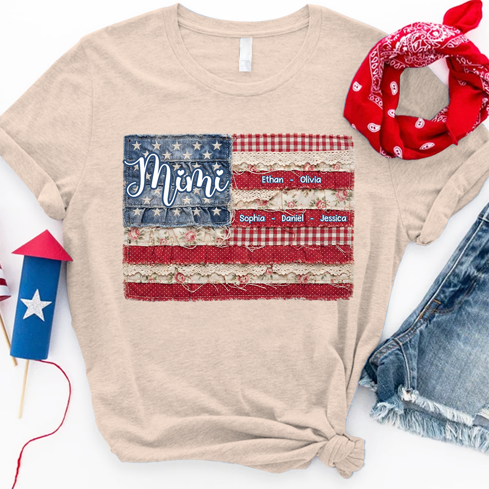 Personalized Mimi Shirt with Kids Names Patriotic American Flag Patchwork Design Custom Gift for Mom Grandma