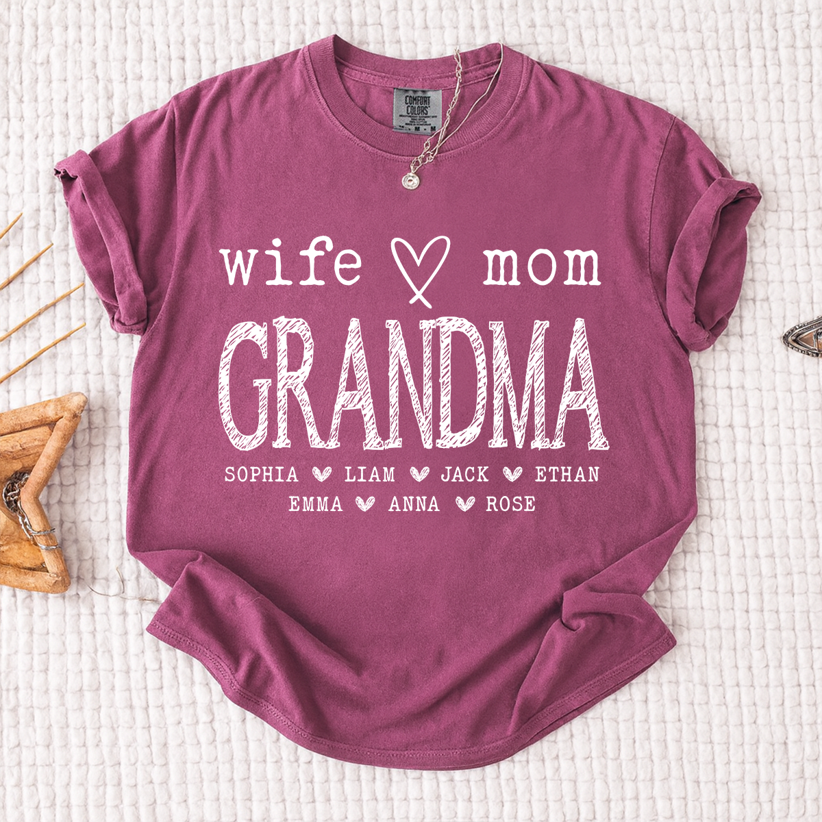 Comfort Colors® Wife Mom Grandma Shirt with Kids’ Names, Custom Family T-Shirt, Perfect Gift for Grandmother