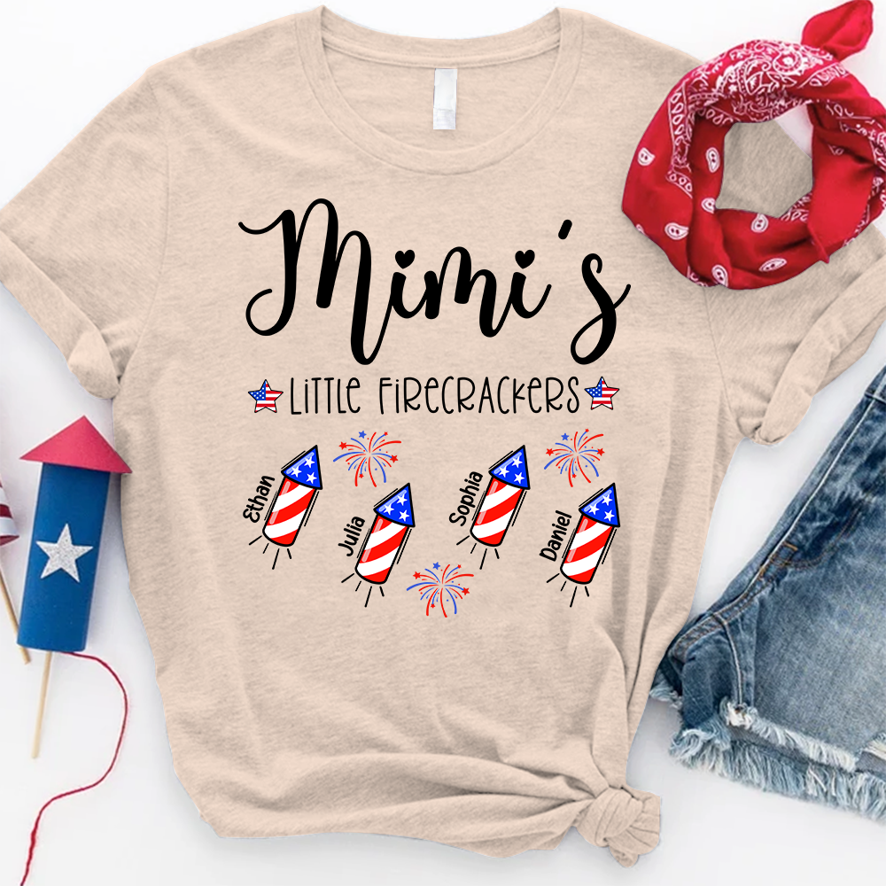 Custom Mimi Little Firecrackers Shirt, Children Names Personalized, Patriotic Stars Rockets Graphic, Family Matching Independence Day Apparel