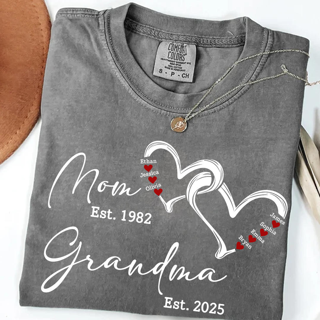 Custom Comfort Colors® Mom Est Grandma Est Hearts Kids Name