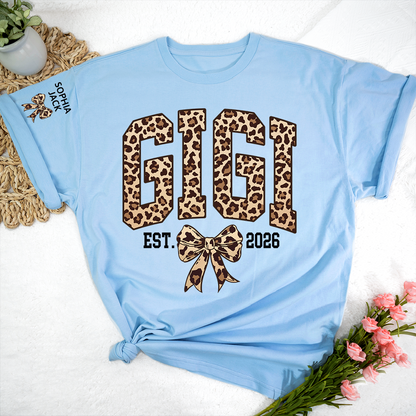 Custom Leopard Gigi, Personalized Heart T-shirt For Grandma And Kids