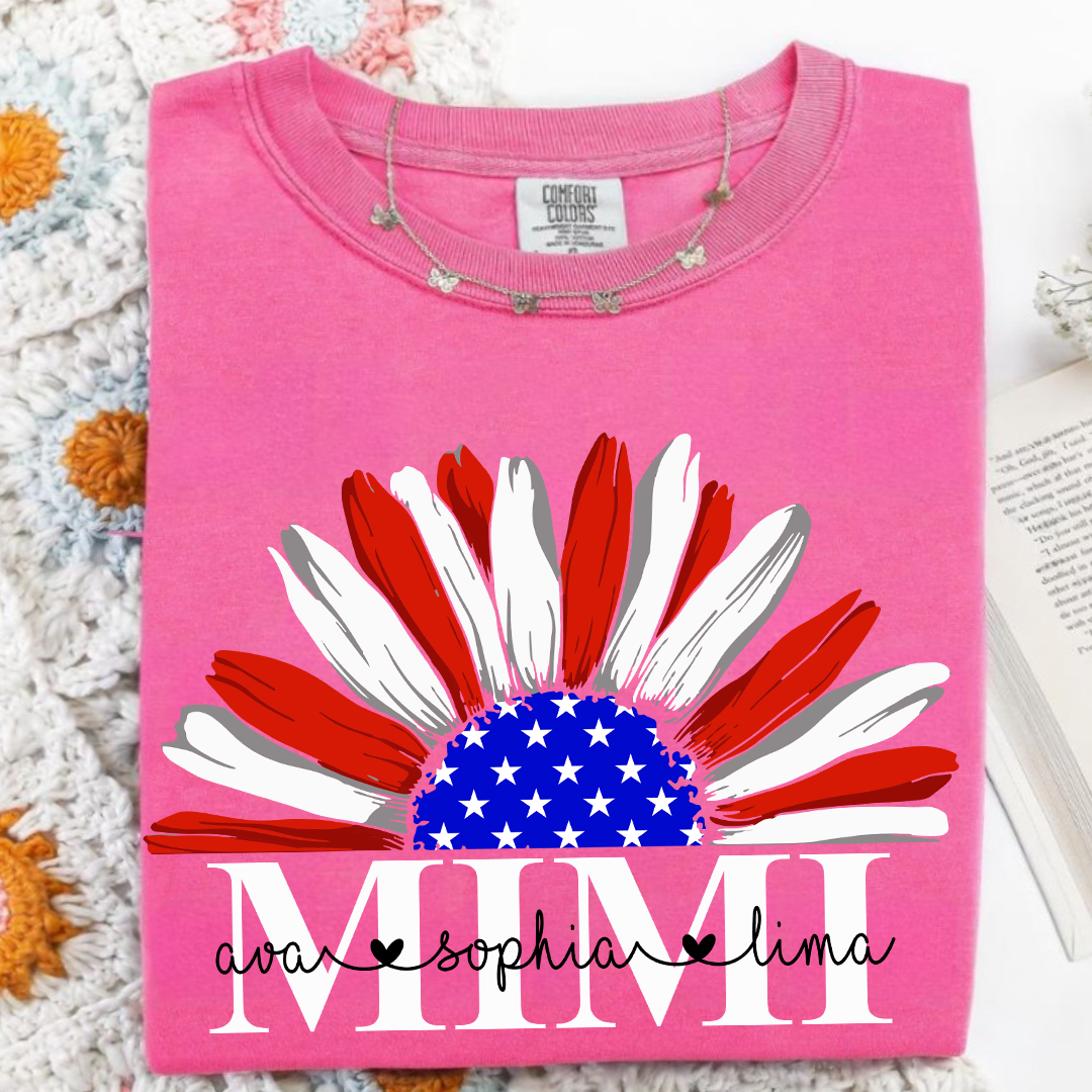 Comfort Colors® Custom Mimi And Grandkids – USA Flag Daisy Tee
