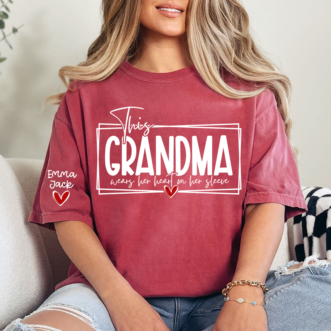 Custom Grandma Family Shirt, This Grandma Wears Her Heart Quote T Shirt