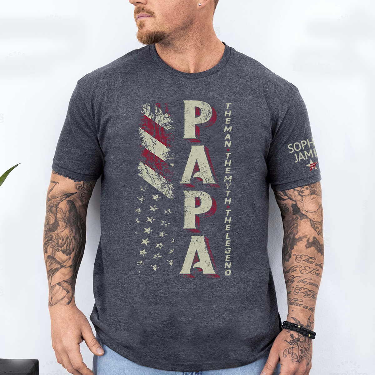 Personalized PAPA The Man, The Myth, The Legend T Shirt, Custom Family Names with American Flag Design, Perfect Gift for Father’s Day