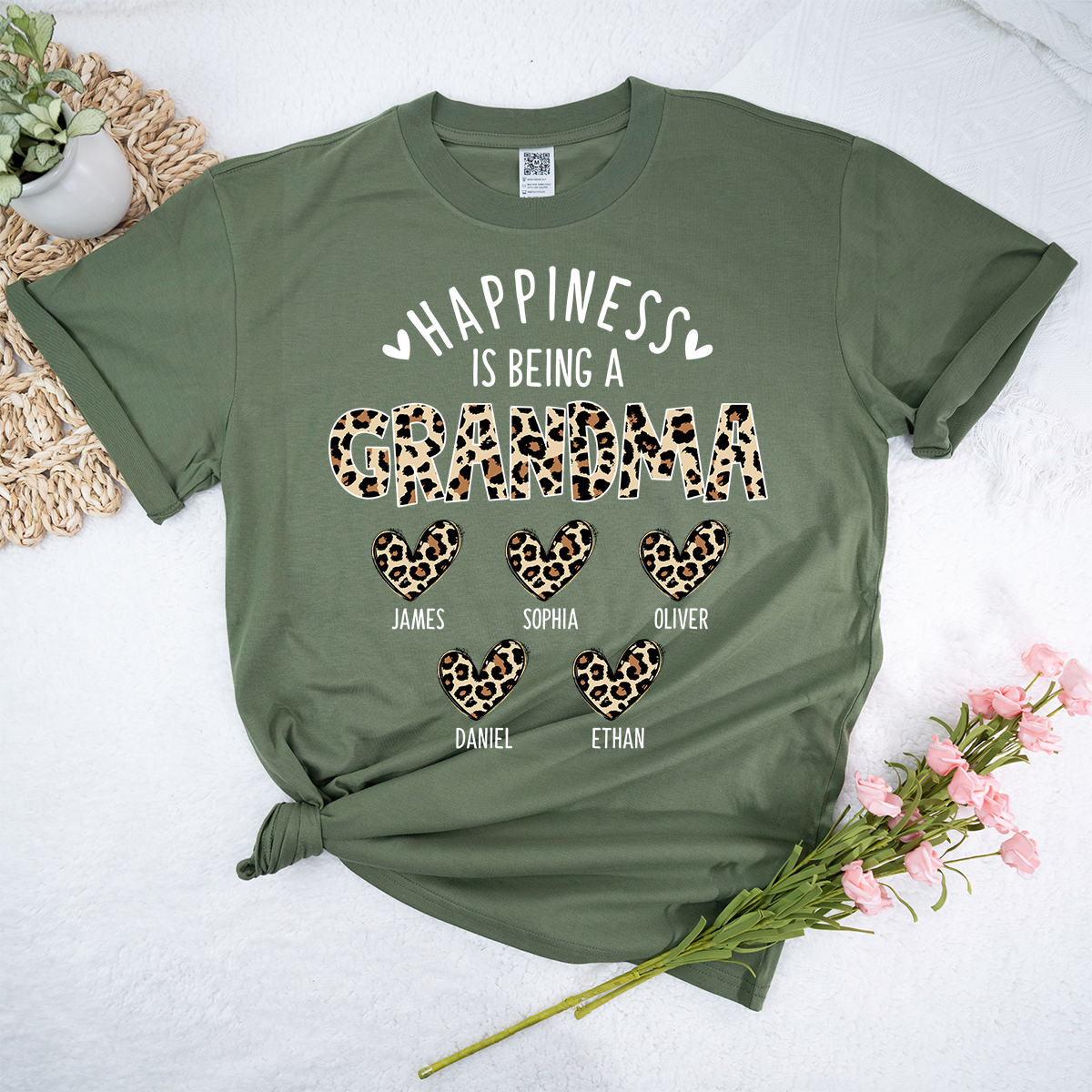 Happiness Is Being a Grandma Tee, Custom Grandma Shirt with Grandkids Names, Leopard Print Hearts Design
