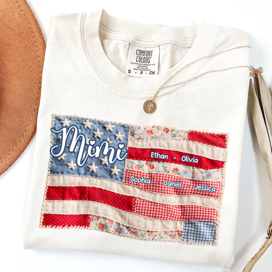 Comfort Colors Personalized Mimi Shirt with Family Names, Custom American Flag Design, Ideal Gift for Grandmother