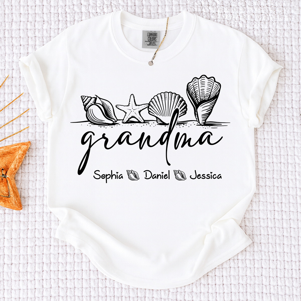 Comfort Colors Custom Grandma Seashell Shirt, Personalized Grandchildren Names Tee, Beach Lover Grandma Gift for Mother's Day and Birthday