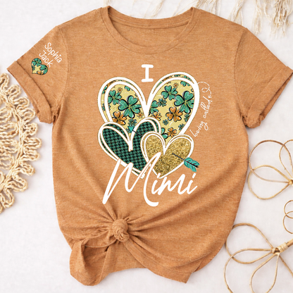 I Love to Be Called Mimi Heart Design T-shirt For St. Patrick's Day, Personalized Clover Design T-shirt for Grandma with Grandchildren's Names