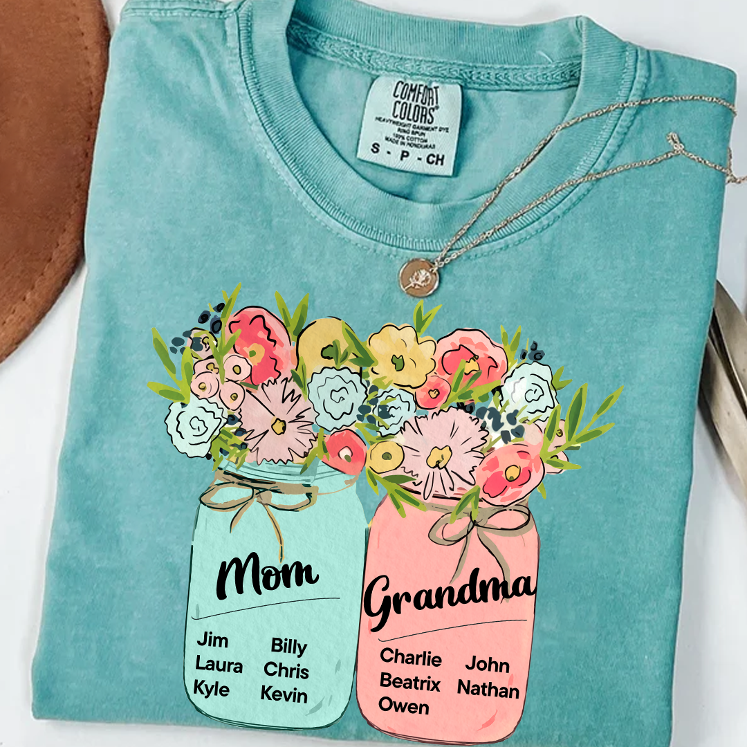 Comfort Colors® Mom & Grandma Kids Flower T-Shirt, Custom Family Names with Floral Design, Perfect Gift for Mom and Grandma