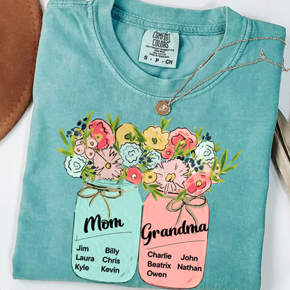 Comfort Colors® Mom & Grandma Kids Flower T-Shirt, Custom Family Names with Floral Design, Perfect Gift for Mom and Grandma