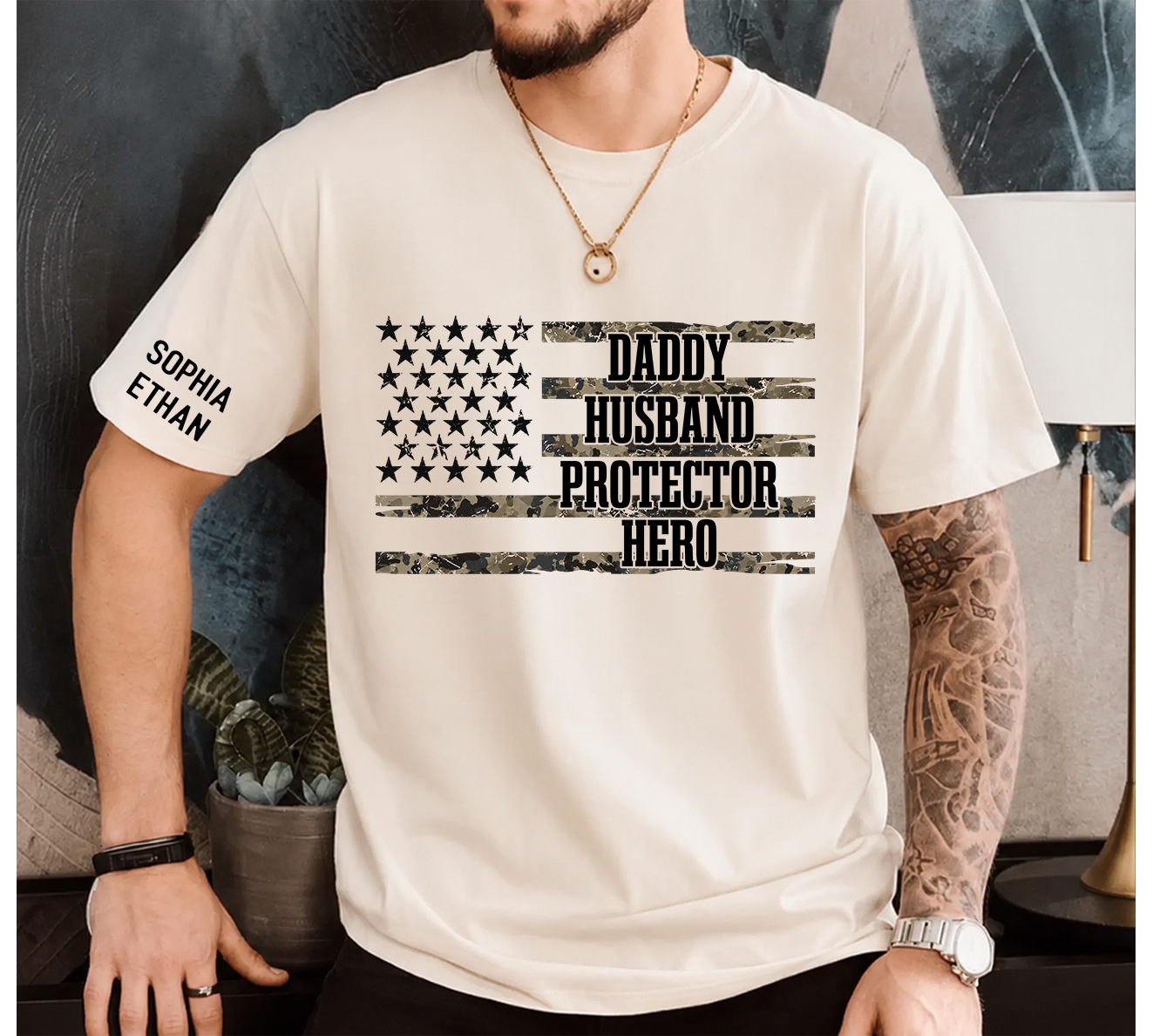 Custom Daddy Husband Protector Hero Shirt, Personalized Dad Shirt with Kids Names, Camo USA Flag Father’s Day Gift