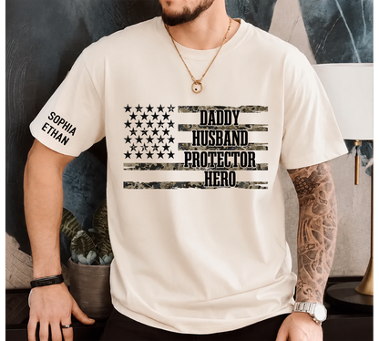 Custom Daddy Husband Protector Hero Shirt, Personalized Dad Shirt with Kids Names, Camo USA Flag Father’s Day Gift