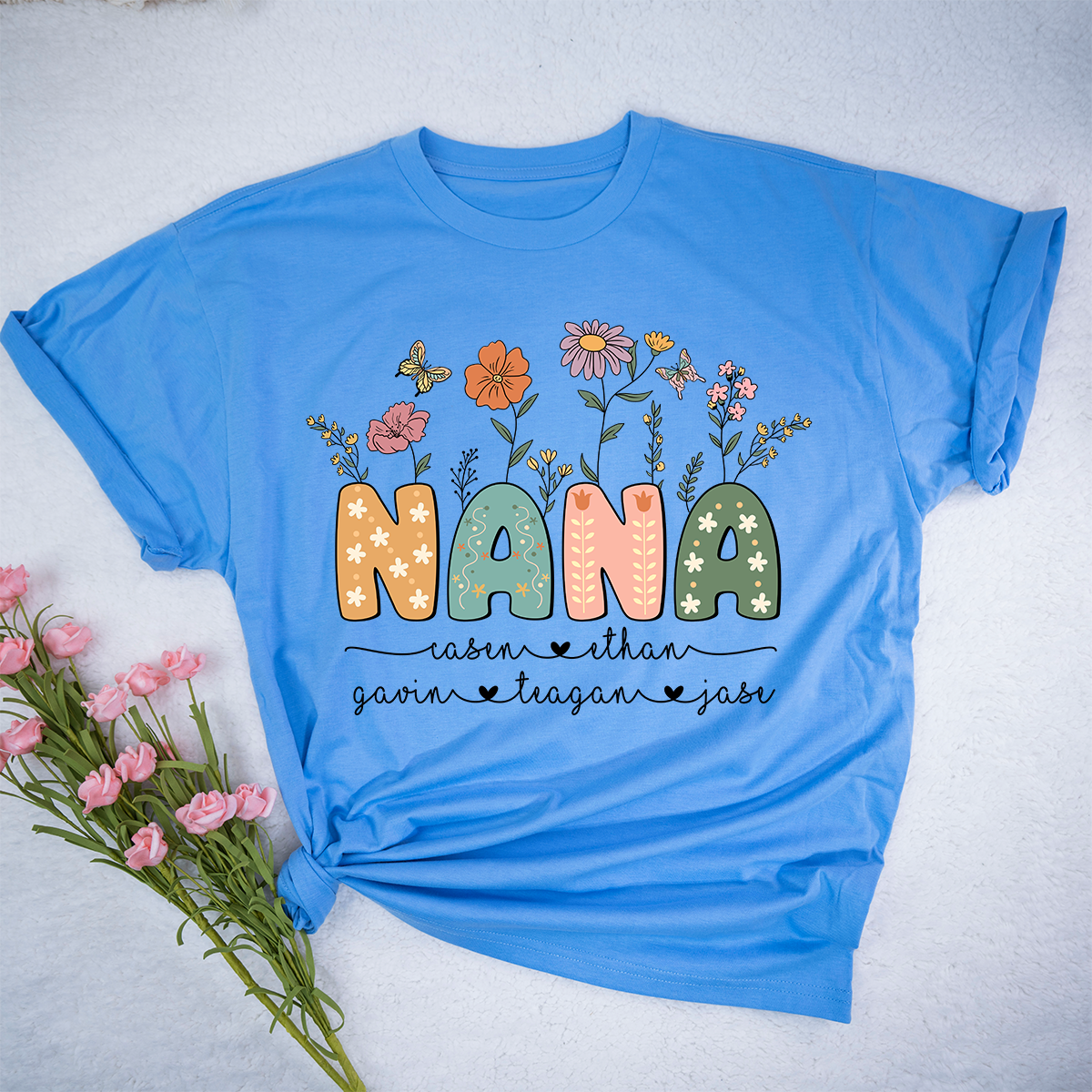 Personalized Floral Nana Shirt, Custom Grandma With Grandkids Mothers Day Gift T-Shirt