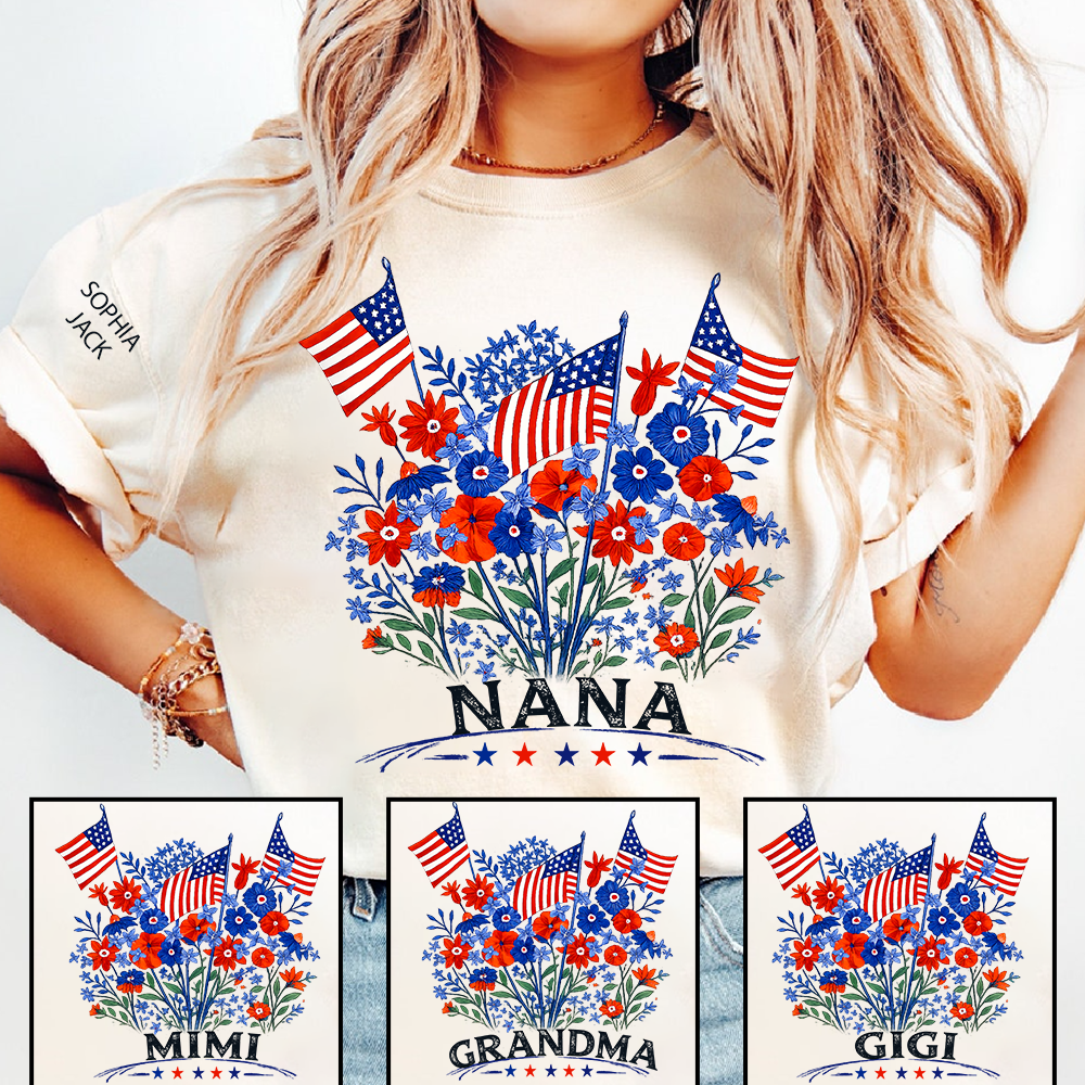 Personalized Nana Shirt Patriotic Floral American Flag Design Custom Grandma Mimi Gigi Name Tee with Grandkids Names Family 4th of July Outfit