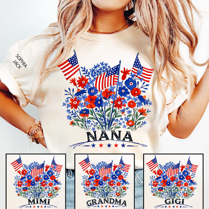 Personalized Nana Shirt Patriotic Floral American Flag Design Custom Grandma Mimi Gigi Name Tee with Grandkids Names Family 4th of July Outfit