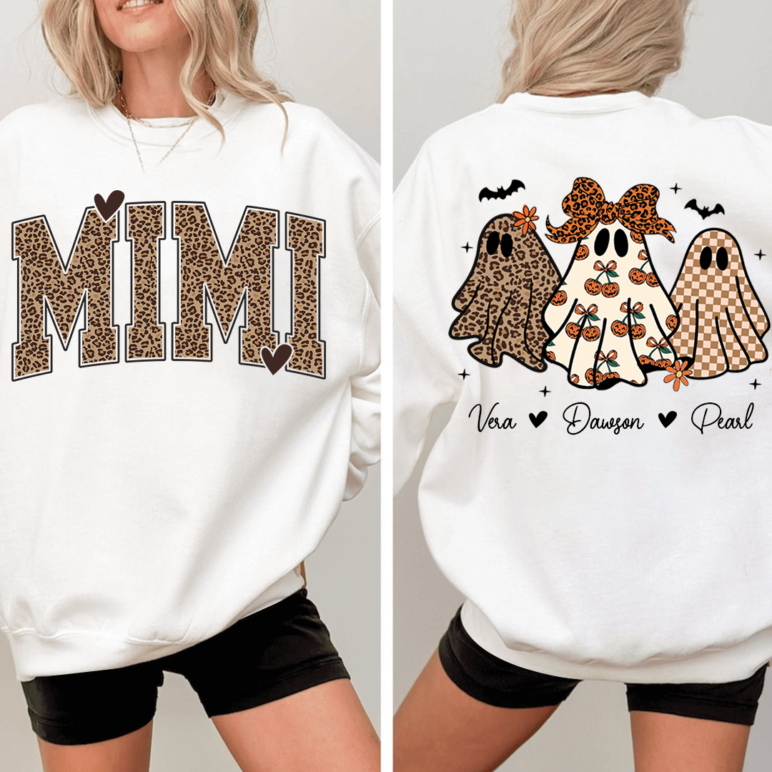 Personalized Mimi Leopard Print Halloween Sweatshirt, Gift for Grandma And Kids